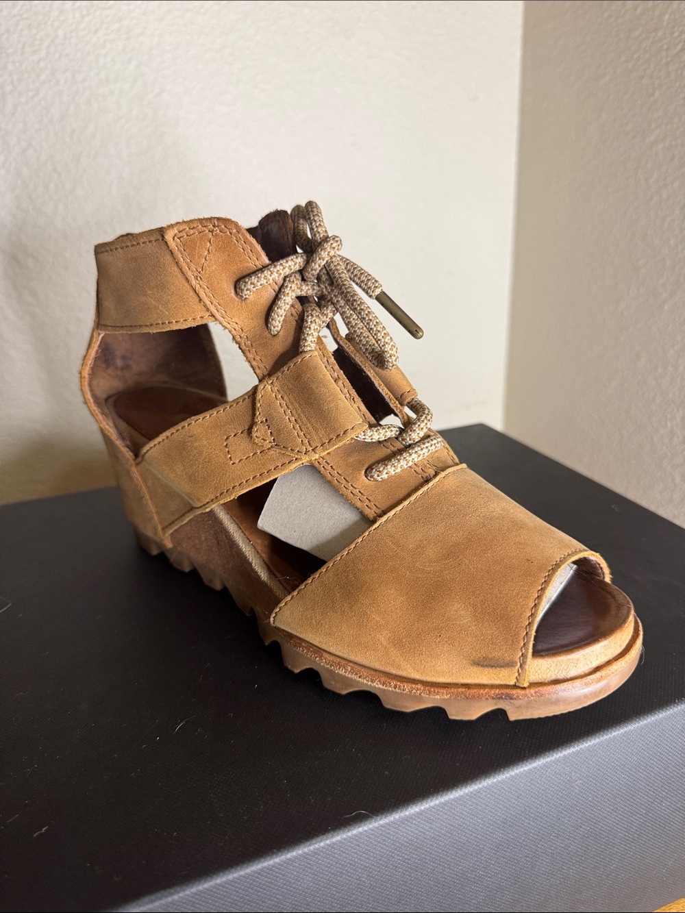 Sorel Cognac Suede Lace-Up Wedge Sandals